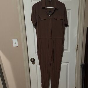 Fashion Nova Brown Short-Sleeve Utility Jumpsuit